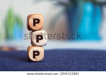 Word Public-Private Partnership PPP. Wooden small cubes with letters isolated on blur background with copy space available. Business Concept image.