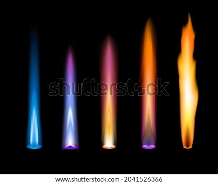 Color flames. Gas and zinc, potassium, strontium and sodium chemical elements ions emission in chemistry laboratory analysis flame test. Blue, violet and orange color flames in Bunsen burner