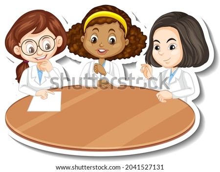 Three scientist girls cartoon character illustration