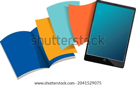 Tablet with many colour books illustration