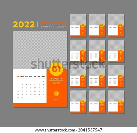 Calendar design for 2022. Simple orange color. Week starts on sunday. Set of 12 calendar pages template with place for photo. Portrait layout. Vector design.