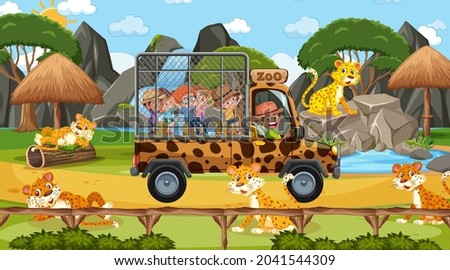 Safari at daytime scene with children watching leopard group illustration