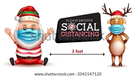Christmas social distancing vector design. Social distancing text with santa claus and reindeer 3d characters wearing face mask for holiday season safety campaign. Vector illustration.
