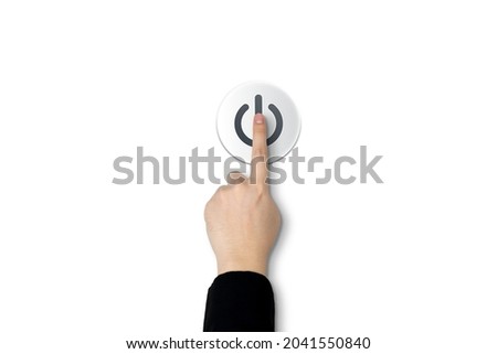 Human hand presses shutdown, power off, or open button icon on white background. concept of ​stopping the system and a new startup. with copy space and business design Royalty-Free Stock Photo #2041550840