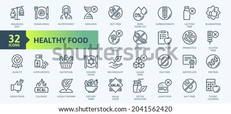 Thin Line Icon Set of Healthy Food, Halal, Kosher, Vegan food. Contains such Icons as Lactose, Gluten and  Sugar Free, non GMO, Palm oil and more. Outline icons collection.  Royalty-Free Stock Photo #2041562420