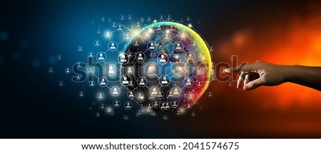 Hand leading global network connection and data exchange with Abstract Background. Communication technology for internet business and social network Concept. Elements furnished by NASA. Royalty-Free Stock Photo #2041574675