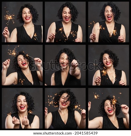 Young woman with sparklers. Laughing brunette in a festive dress. New Year's and Christmas. Black background. Collage. Square format.