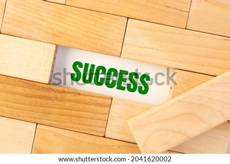 Selective focus. Word SUCCESS on jigsaw wooden block and white background. Business concept.