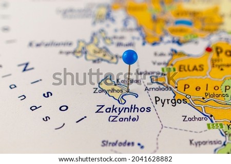 Zakynthos pinned on a map of Greece. Map with pin point of Zakynthos in Greece.