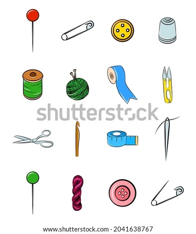 Handmade sewing tools icon set cartoon vector clip art graphic elements needle yarn hook scissors ribbon button pin roulette 