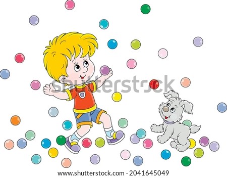 Happy little boy and his cute merry pup playing with jumping color balls on a playground, vector cartoon illustration isolated on a white background