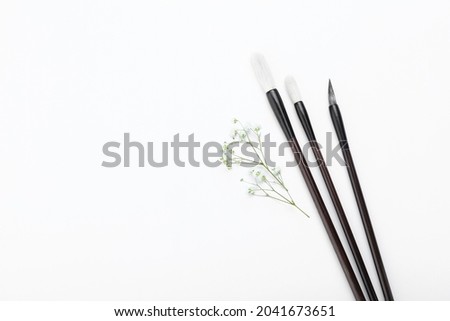 Calligraphic brushes and flower on white background