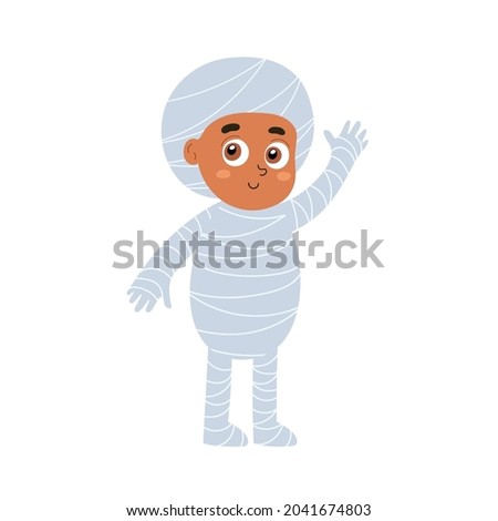 Cute Halloween kid wearing mummy costume. Funny trick or treat boy, girl waving with a hand. Mummery clipart. Vector illustration