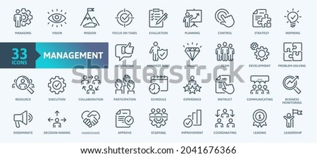 Business Management Outline Icon Collection. Thin Line Set contains such Icons as Vision, Mission, Values, Human Resource, Experience and more. Simple web icons set. Royalty-Free Stock Photo #2041676366
