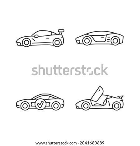 Race car models linear icons set. Customized vehicle. World-class auto. Unique door design. Customizable thin line contour symbols. Isolated vector outline illustrations. Editable stroke