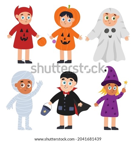 Cute Halloween kids set. Boys and girls wearing devil, witch, pumpkin, vampire and mummy costumes. Funny trick or treat children. Mummery clipart collection. Vector illustration