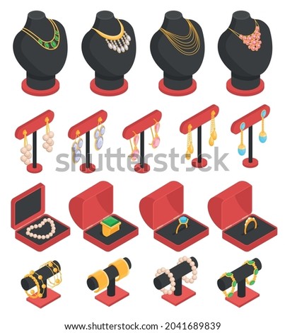 Isometric jewelry set with isolated necklaces earrings rings and bracelets on stands and in boxes 3d vector illustration