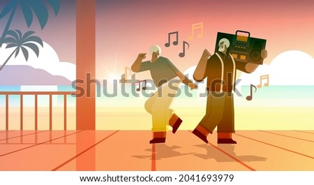 senior family with bass clipping blaster recorder dancing and singing africna american grandparents having fun