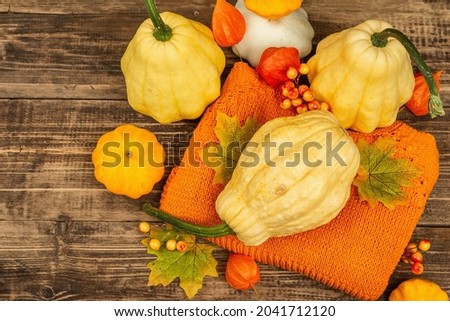 Fall styled composition. Ripe pumpkins, warm knitted sweater, autumn leaves, and berries. Thanksgiving or Halloween good mood. Old wooden background, top view