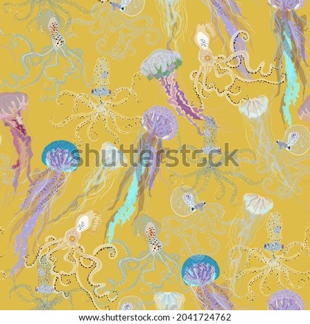 Jellyfish and squid swimming undersea seamless repeat pattern. Surface design for fabric, wallpaper, wrapping paper, scrapbooking, invitation cards. Yellow colors.
