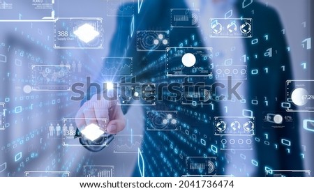 Business infographics set with different diagram illustration. Data visualization elements, marketing charts and graphs. 5G and AI technology background. 3D illustration. Bokeh for creating distance.