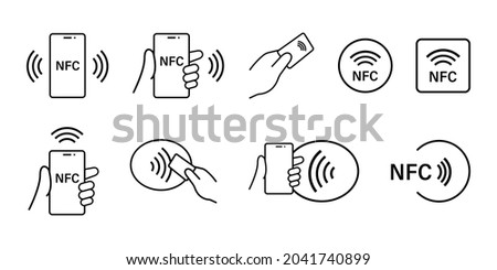 NFC payment with smartphone set icons. NFC Technology icon collection. Contactless NFC payment sign. Stock vector. EPS 10 Royalty-Free Stock Photo #2041740899