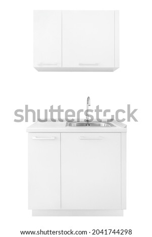White kitchen set with sink, faucet, counter, wall cabinet for storage isolated on white background Royalty-Free Stock Photo #2041744298