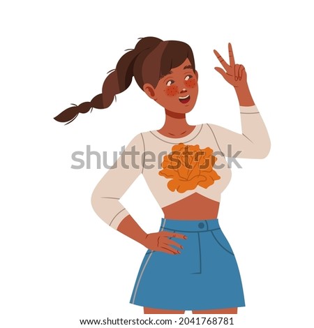 Young Woman Character with Plait Posing for Selfie Smiling for the Camera and Showing V Sign Vector Illustration Royalty-Free Stock Photo #2041768781