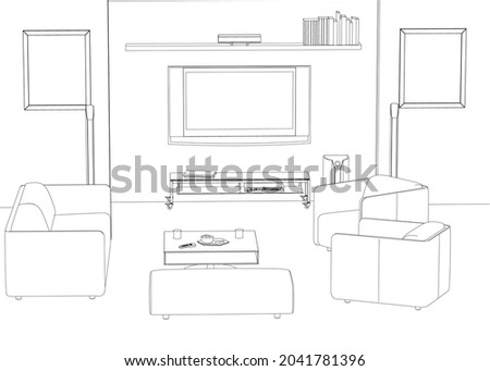 Interior outline with armchairs, sofa, table and TV. Guest room for relaxation. Vector illustration