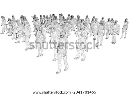 Wireframes of people go, stand in different poses isolated on white background. Isometric view. 3D. Vector illustration