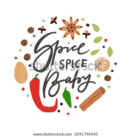 Spice Baby lettering poster for kitchen. Flat hand drawn spices with texture in circle vector illustration. Anise, pepper, nutmeg, cinnamon, cardamom and others. Cute label for spice shop. Royalty-Free Stock Photo #2041796450