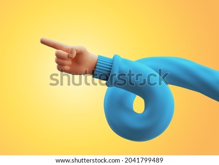 3d render, cartoon character spiral hand in blue sweater, points forward, pointing finger, shows direction. Funny clip art isolated on yellow background