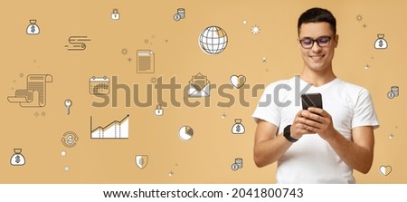Modern online financial education. Happy young man using cellphone app to attend economic course, to learn how to manage and invest money, beige background with finance icons. Banner. Free space