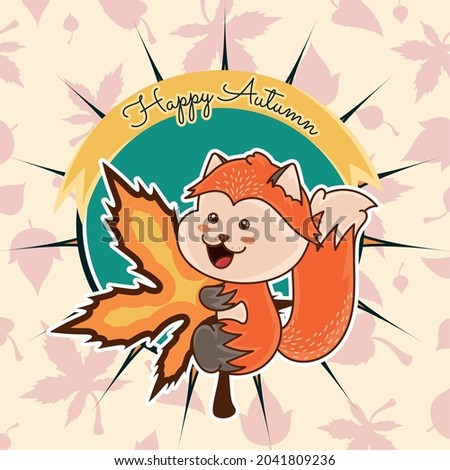 Happy fox hugging a leaf Happy autumn image