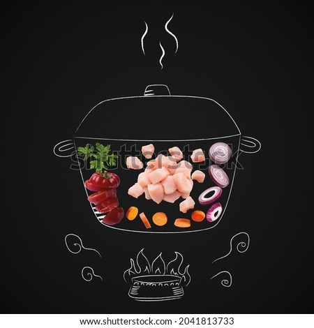 Healthy Nutrition. Creative sketchy collage of food being prepared on drawn sausepan and stove on black chalkboard. Cooking stew with sliced chicken fillet, carrot, onion and red pepper and dill Royalty-Free Stock Photo #2041813733