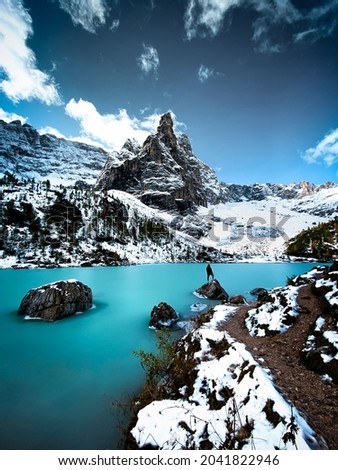 Stunning landscape of Lago di Sorapis in Italian Dolomites