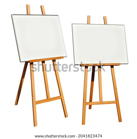 Easel in different angles isolated on a white background.Frame with a white picture on the easel. Layout for design with free space and space for text.