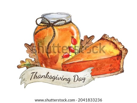 Thanksgiving day theme. Watercolor illustration isolated on white. Honey and pie, autumn plants and leaves. 