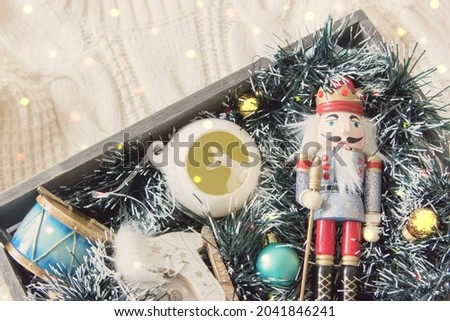 Christmas background top view many colorful decorations bokeh