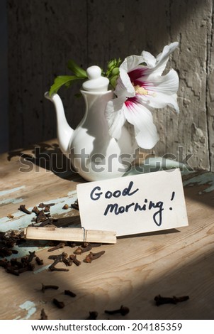 Pictures of sunny summer morning with beautiful flower, delicious turkish coffee on a rusted old table with decorations. 