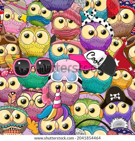 Colorful Seamless Pattern with cute cartoon owls