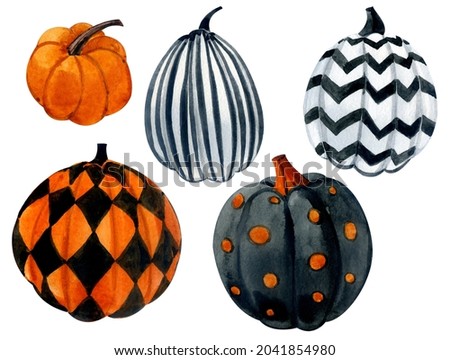 Watercolor clip art, pumpkins for Halloween with an ornament. Pumpkins are white, black, orange.