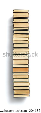 Letter I formed from the page ends of closed vintage hardcover books standing on a white background from a set or series of numbers