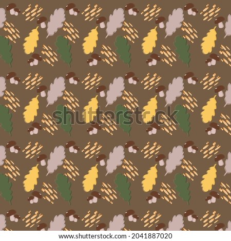 Seamless vector pattern with leaves and mushrooms. Autumn. Print for children and adults, textiles. Background
