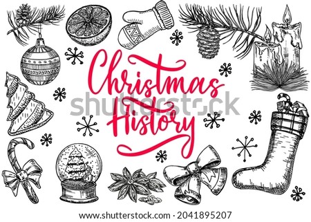 A set of black-and-white vector illustrations on a winter theme drawn by hand. Theme of holidays, holidays, New year, Christmas. Christmas sketch collection. Merry Christmas and New Year set.