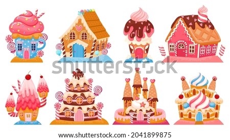 Cartoon fantasy candy houses and fairy tale sweet castles. Dreamland cake buildings. Chocolate, gingerbread and ice cream house vector set. Dessert homes with glaze, topping and cream Royalty-Free Stock Photo #2041899875