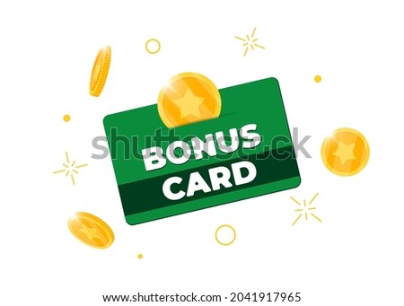 Loyalty program bonus green card. Purchase percent return customer service business sign. Earn points and gold coins cash back income symbol. Isolated vector eps illustration Royalty-Free Stock Photo #2041917965