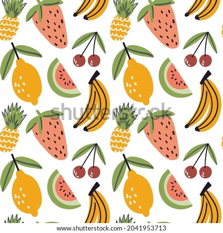 Summer pattern isolated on white background. Seasonal tropic doodle vector. Hand drawn cute flat seamless ornament. Ideal for vacation backdrop, web, banner, print. 