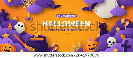 Happy Halloween banner or party invitation background with clouds, bats and pumpkins in paper cut style. Vector illustration. Full moon in orange sky, spiders web and witch cauldron. Place for text Royalty-Free Stock Photo #2041973096