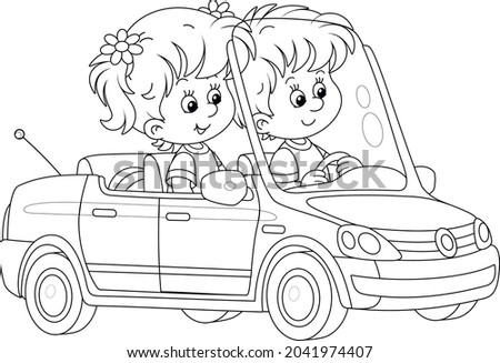 Little girl and boy driving a beautiful toy car, black and white outline vector cartoon illustration for a coloring book page